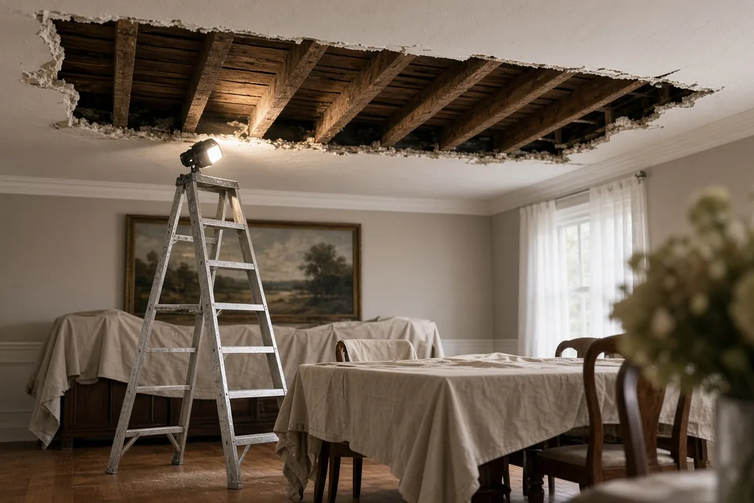 Ceiling drywall opened to the joists with a ladder and work light below