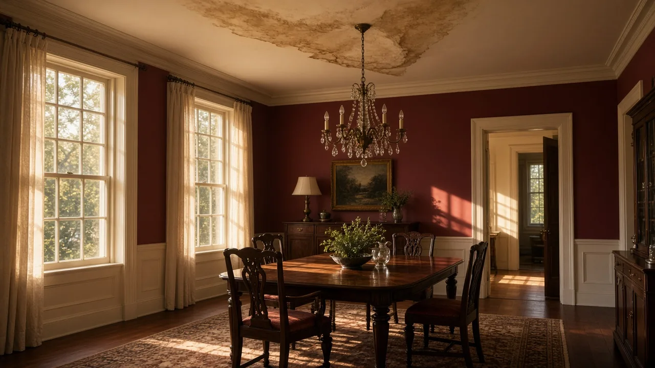 Traditional dining room with a water stain spreading across the ceiling